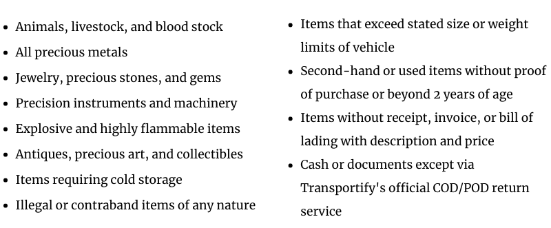 Goods Insurance Non-Covered Items List