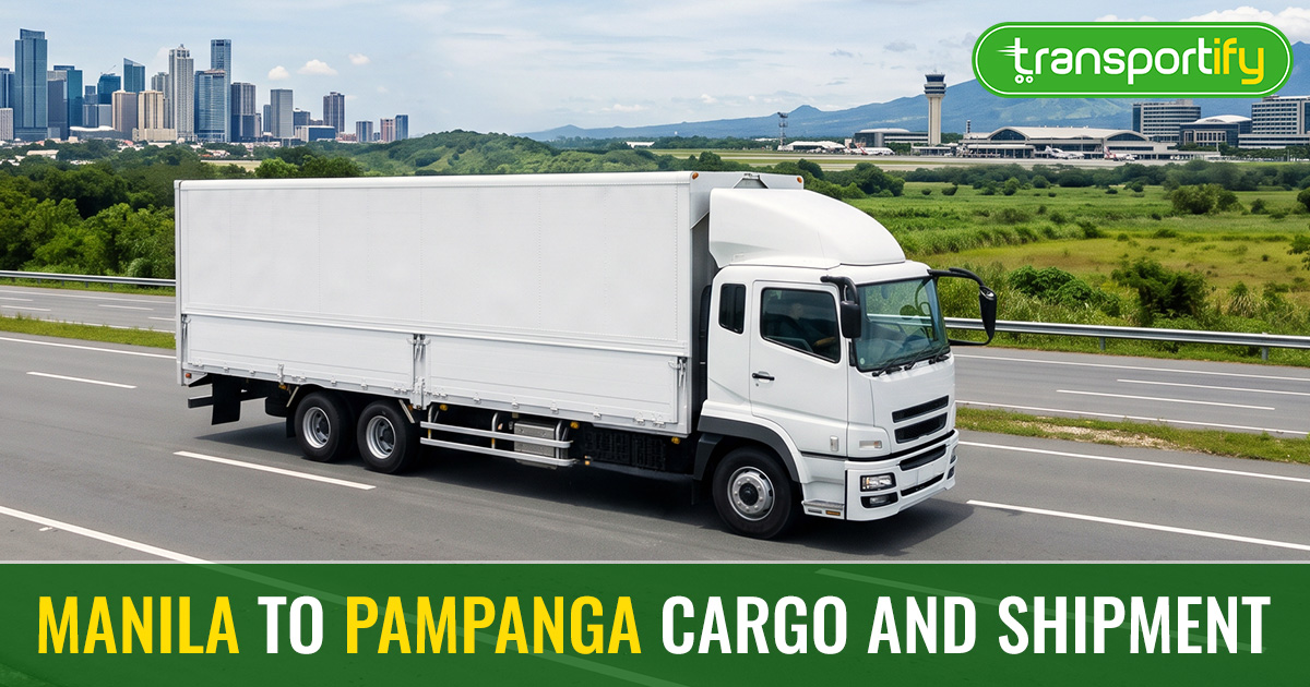 truck on the road with skyscrapers on the left to represent Manila and Clark Freeport on the right to represent Pampanga