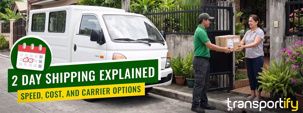 Driver getting the parcel from the sender with a text saying 2 day shipping explained.