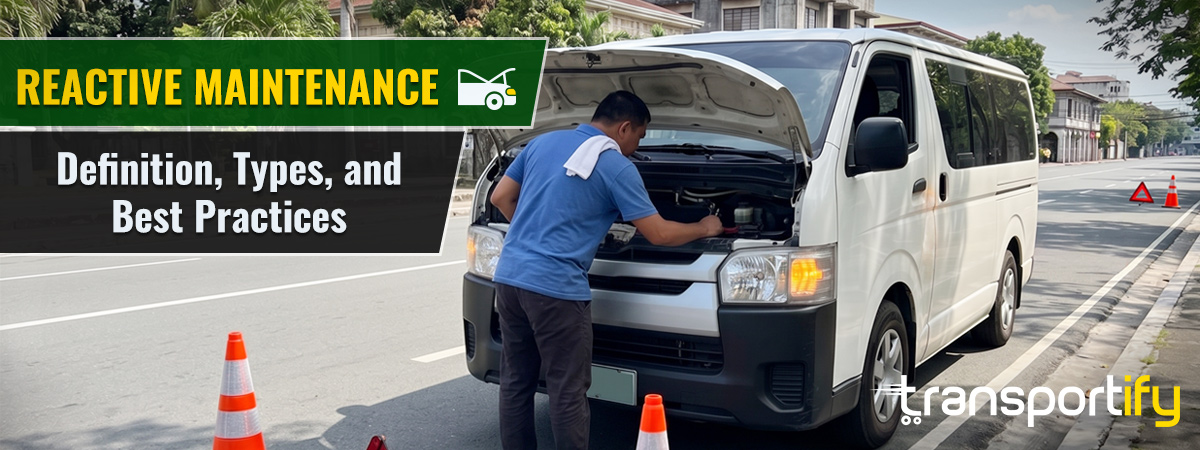 Driver repairing a broken-down van on the roadside for reactive maintenance.