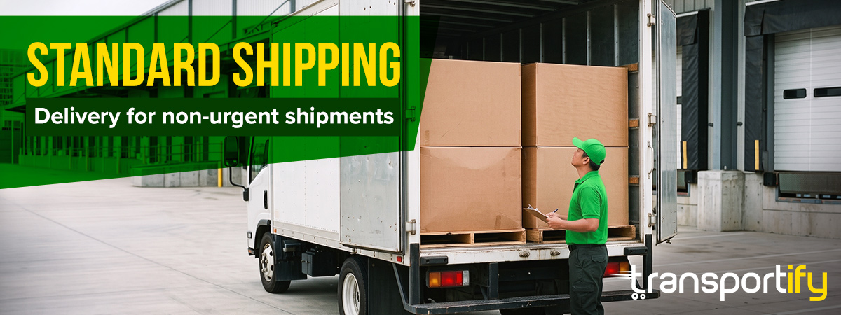 A Transportify worker checking boxes in a truck for standard, non-urgent shipping.